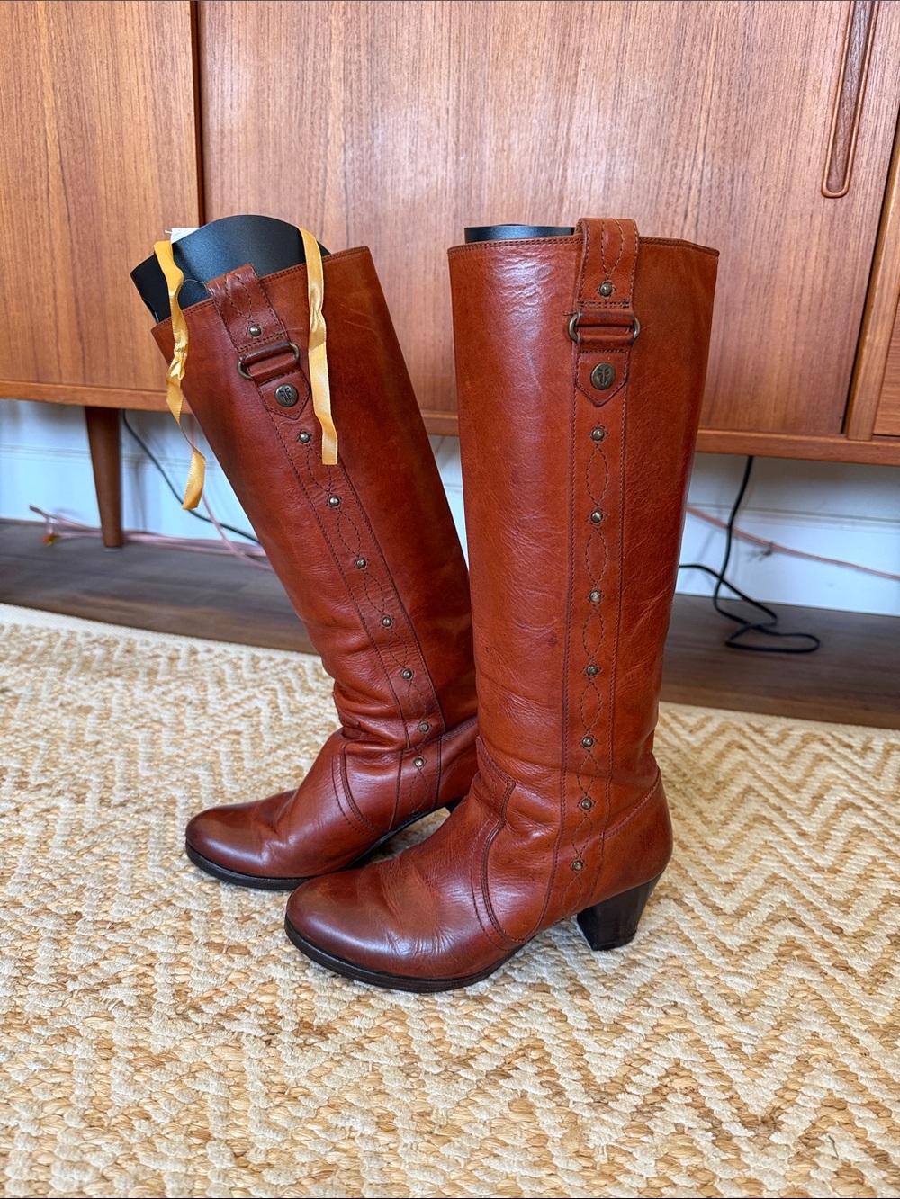 Vintage Frye Tall Leather Heeled Boots in Cognac